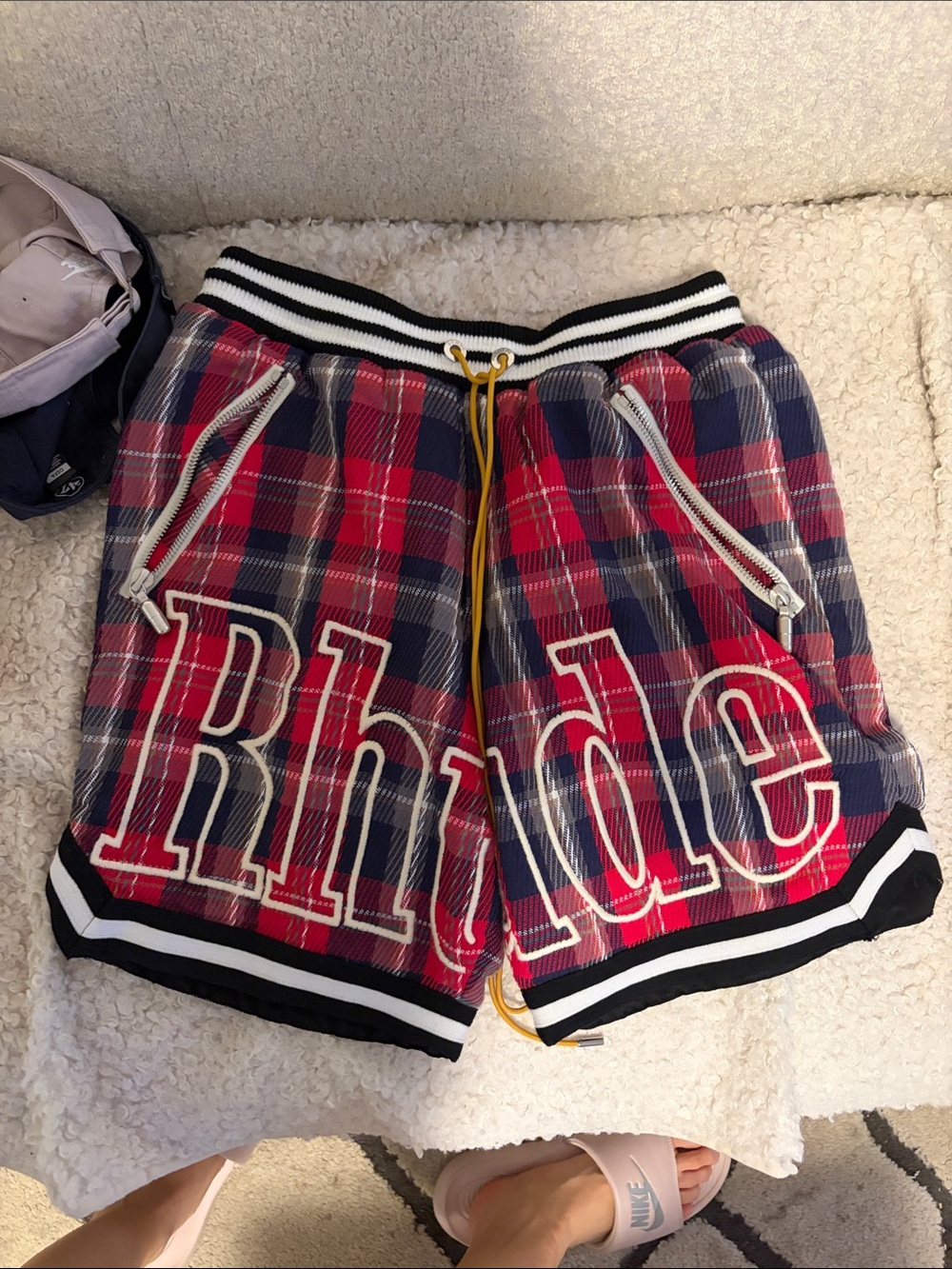 Rhude Red & Navy Plaid Athletic Shorts with Bold Script